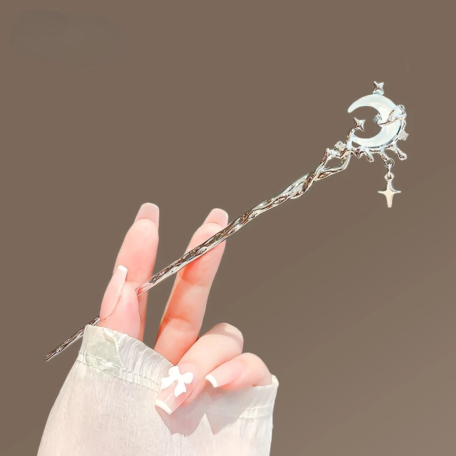 여자를위한 중국 스타일 헤어 액세서리 로맨틱 문스톤 스타 문 헤어 스틱 금속 지점 머리핀 헤어 포크 패션 선물