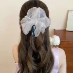 패브릭 메쉬 보우 반짝이 Scrunchies 여성용 라이트 럭셔리 모조 진주 보우 헤어 밴드 기질 리본 헤드 로프 액세서리 - 이미지 5