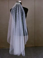 TOPQUEEN 우아한 진주 신부 베일 소프트 1 계층 신부를위한 페르시 웨딩 베일 빗 v180와 간단한 대성당 길이 베일 - 이미지 4