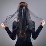 신상 웨딩 신부 블랙 헤드 베일, 빈티지 더블 레이어 거즈 메쉬 레이스 베일, 여자 파티 모자 액세서리, 사진 소품 - 이미지 2