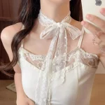 여성 좁은 긴 흰색 속이 빈 레이스 스카프 Hairbands 솔리드 ​​컬러 꽃 수 놓은 리본 목걸이 헤어 타이 여름 모자를 쓰고 있죠 - 이미지 2